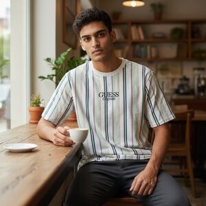 Guess Men's Striped Tee - Pink, Blue, Green Size Medium Vintage Style